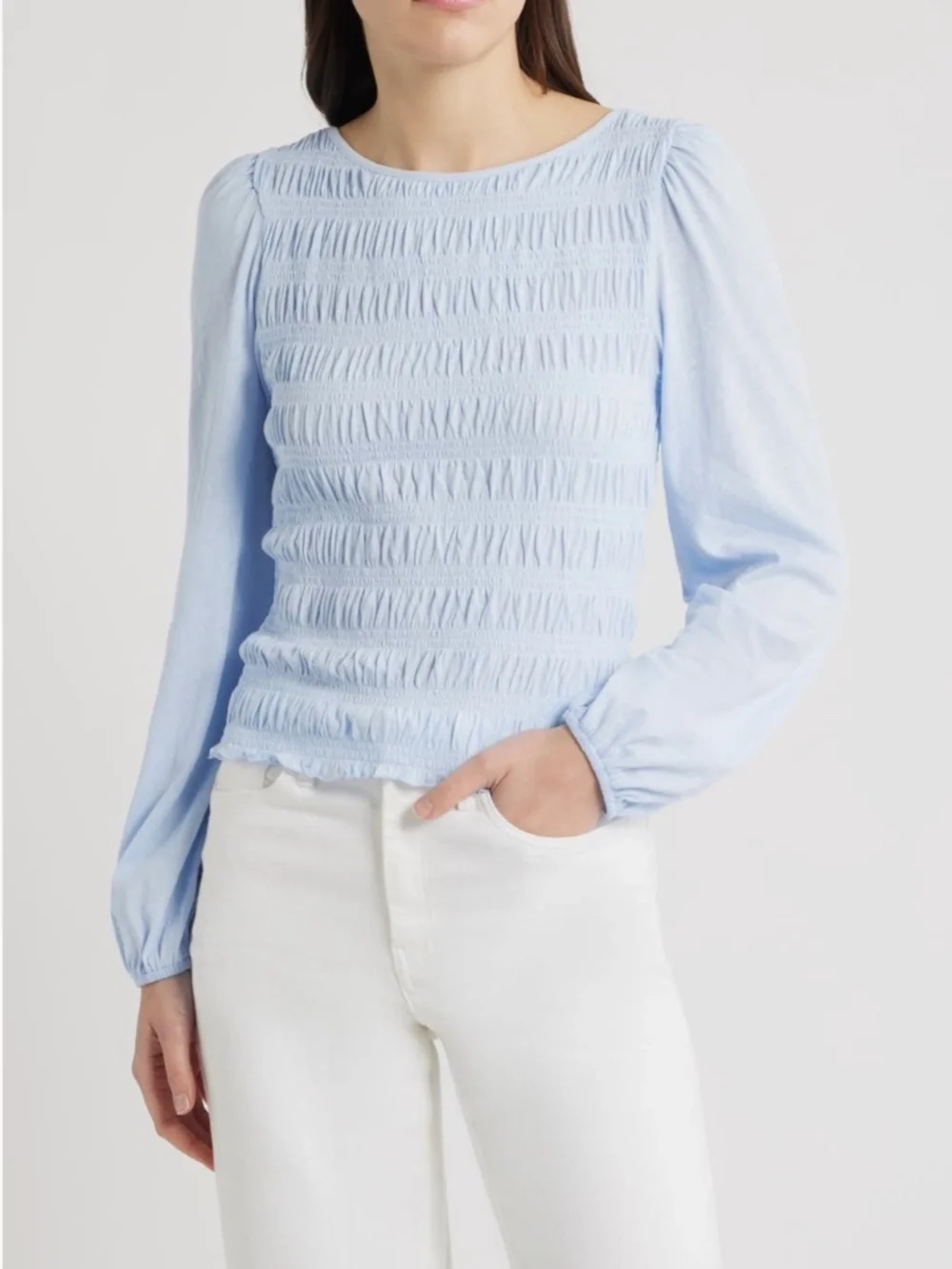 Madewell Light Blue Smocked Long Sleeve Top